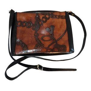 Vintage Bruno Benvenuti Italian Leather Crossbody Bag With Embossed Design